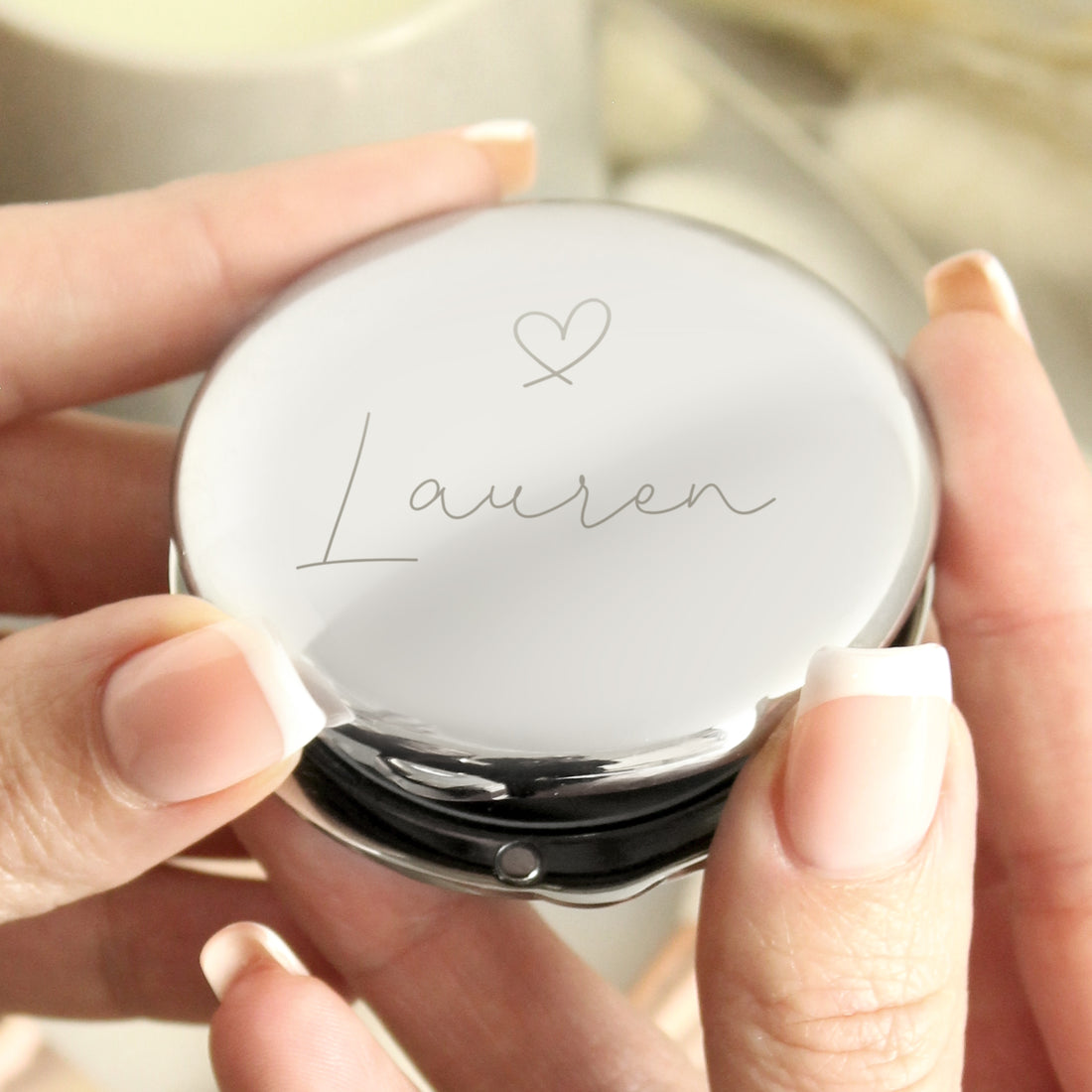 Personalised Silver Heart Motif Round Compact mirror