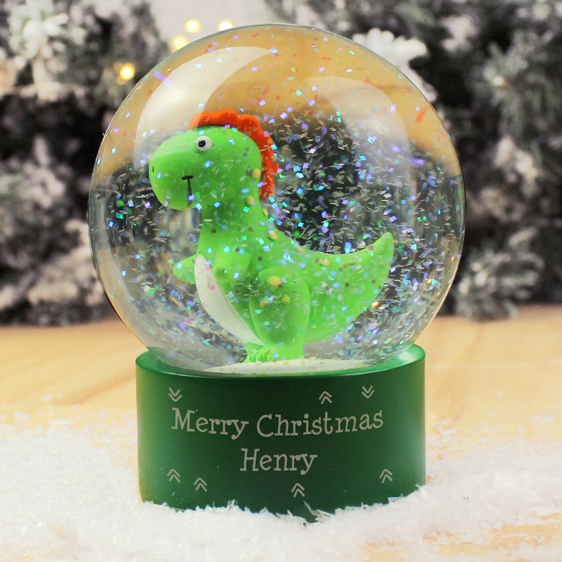 Personalised Message Dinosaur Glitter Snow Globe